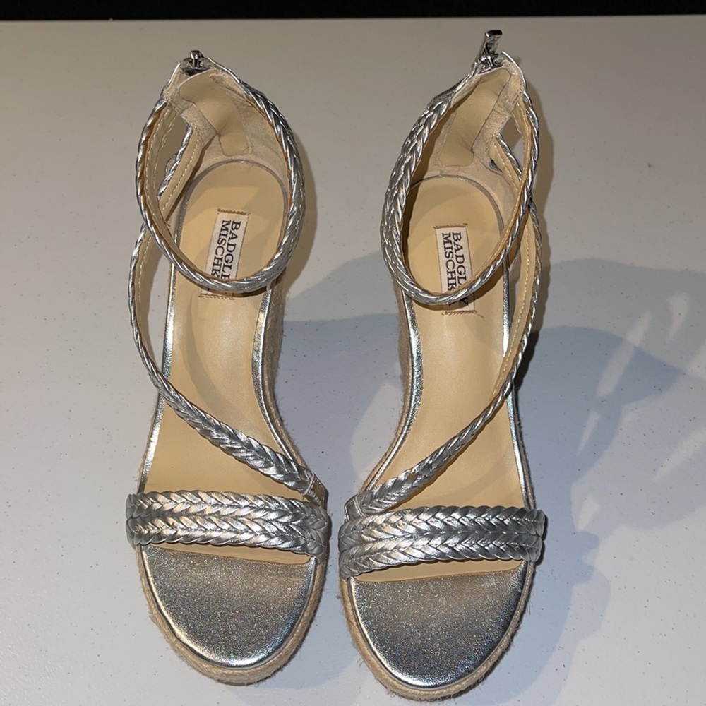 Badgley Mischka Silver Braided Strap Espadrille Wedges